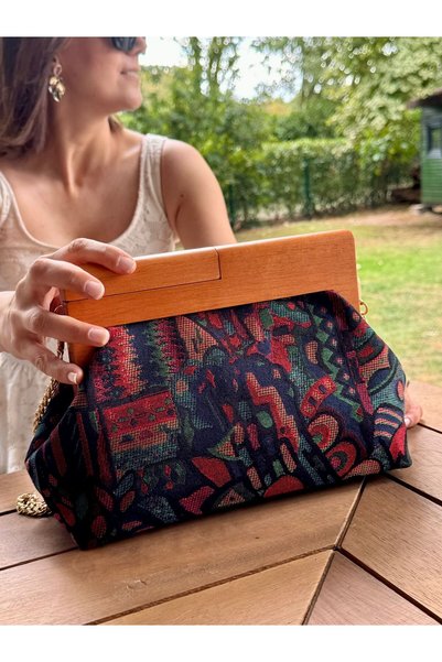 JOPHIEL ATELIER Penalope Collection - Chain, Wooden Buckle Fabric Bag, Clutch Bag, Handbag, Bag