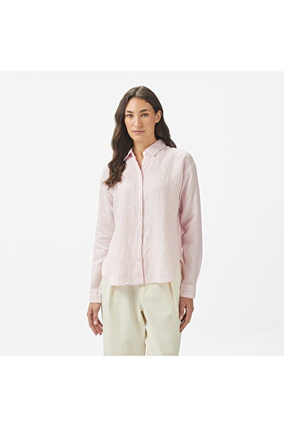 Nautica Kadın Pembe Regular Fit Keten Çizgili Gömlek