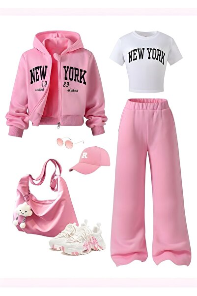 Kids Set de iarnă roz din 3 piese cu imprimeu New York