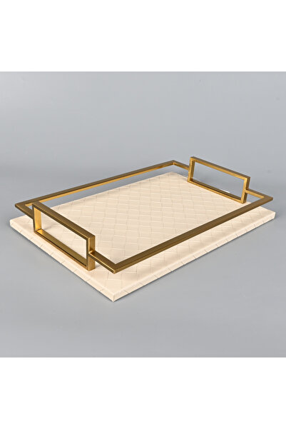 Generic Rectangular serving tray 40x26 cm, beige leather and copper steel fra...