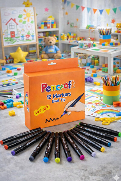 SYN AKSESUAR 12 Colors Dual Tip Marker Pen Coloring Set – Fine & Broad Tip, V...