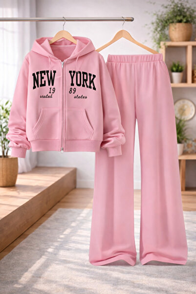 Kids New York Baskılı 3 lü Pembe Kışlık Takım