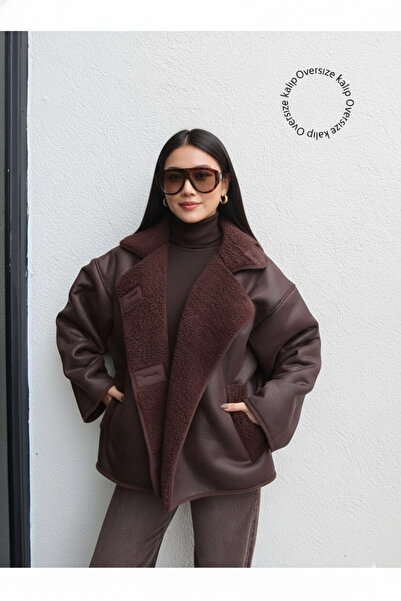 Orions Collection سترة نسائية من جلد الغزال بأزرار باللون البني لعام قصة فضفا...