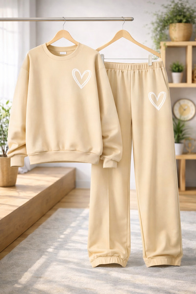 Kids Kalp Baskılı Kız Pamuklu Çimalı Bej Çocuk Alt Üst Takım