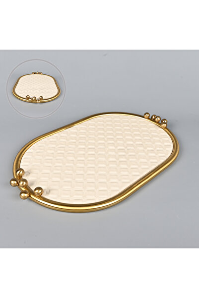 Generic Beige leather serving tray, 45 x 28 cm, with a modern brass steel fra...