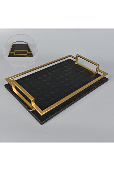 Generic Elegant 40x26cm serving tray with black leather and brass steel frame...