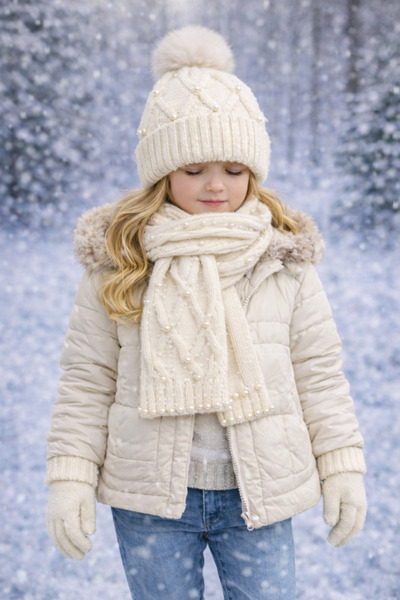 Monkabox 8-12 Year Old Girl Ecru Pearl Scarf Beret Gloves Set with Fleece Inside