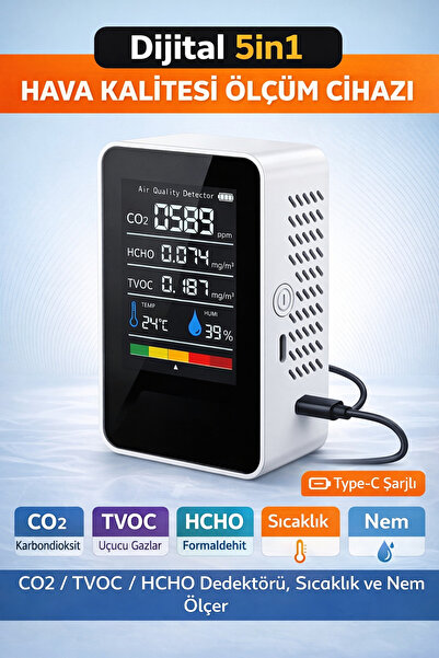 MDSTECH Dijital 5in1 Hava Kalitesi Ölçüm Cihazı CO2 TVOC HCHO Sıcaklık Nem Şa...