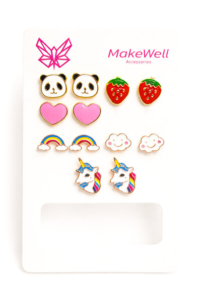 MakeWell Cherry Unicorn Strawberry Panda Designed Screwed Children's Earring Set