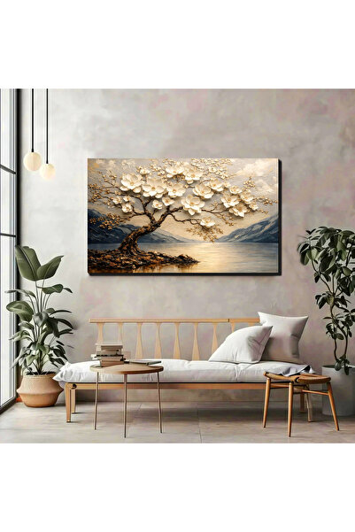 artprinta Çiçek Açan Ağaç & Göl Manzarası Duvar Tablosu