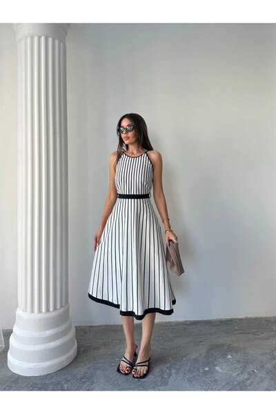 hillone keten kumaş siyah çizgili askılı kemerli fermuarlı maxi elbise bej