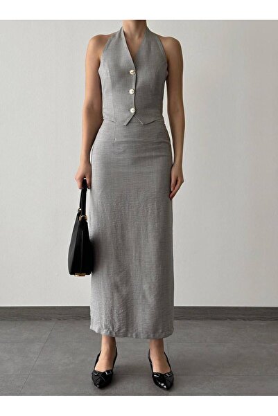 hillone Linen Back and Lace Detailed Vest Skirt Set Gray