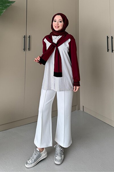 Rimel Moda Çizgili Atkılı Gömlek Bordo