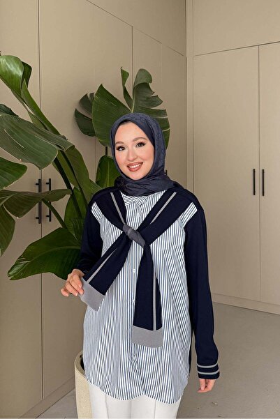 Rimel Moda Çizgili Atkılı Gömlek Mavi