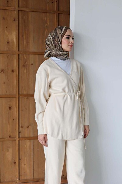 Rimel Moda Kuşaklı Kimono Takım Vanilya