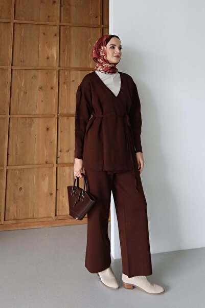 Rimel Moda Belted Kimono Set Brown