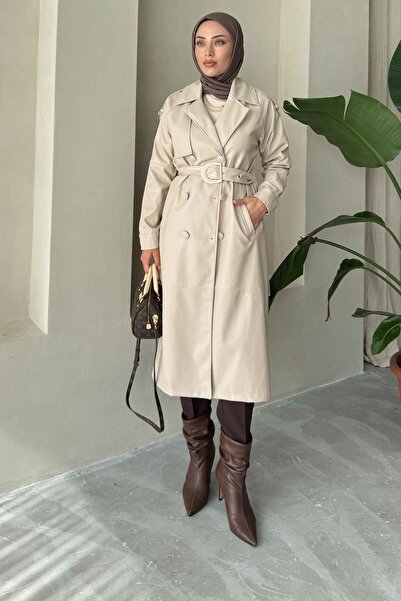 Rimel Moda Sara Leather Trench Coat Beige