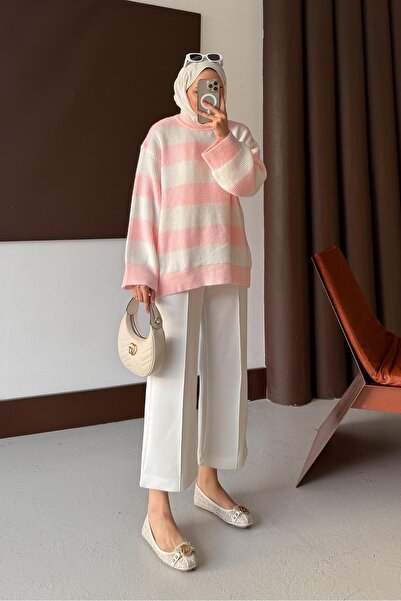 Rimel Moda Oversized Striped Knitwear Tunic Pink
