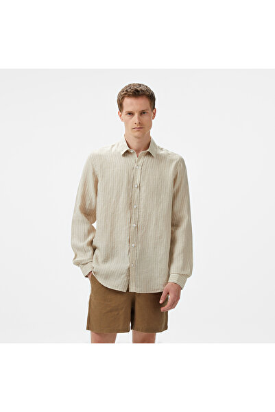 Nautica Erkek Bej Classic Fit Çizgili Keten Gömlek