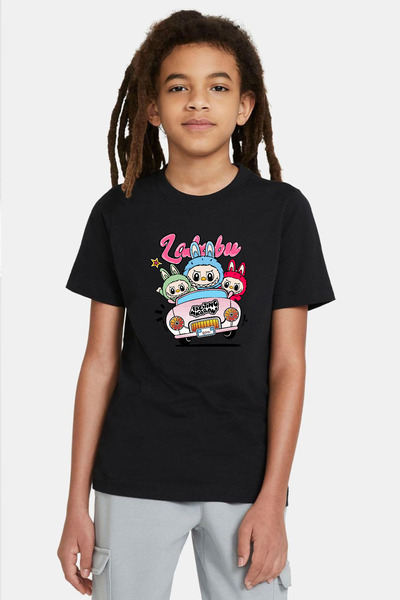 Tshirthane Labubu Exciting Macarons Black Kids Tshirt