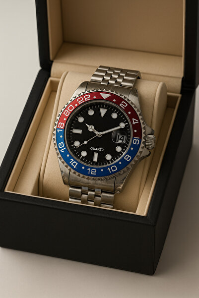 pierrose Erkek Kol Saati Çelik Kordon Siyah Kadran Kırmızı Mavi Bezel Takviml...