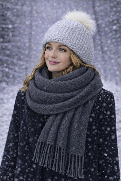 kuru Set de iarnă premium: beretă + șal lat tip boucle |   Moale, cald, la mo...