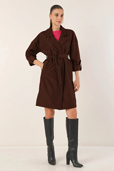 nedo7 9104 Double-Breasted Collared Lined Trench Coat - A.Brown