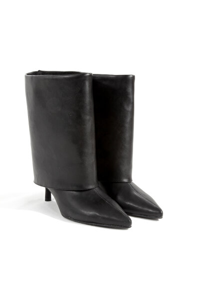 Ayakkabı Podyumum Black Leather Pointed Toe Long Boots 5 cm Thin Heel New Season