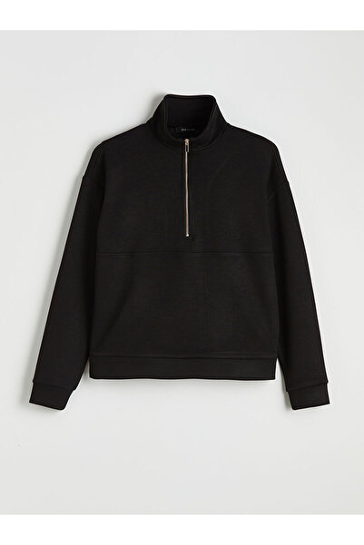 LC Waikiki سويت شيرت نسائي أسود ياقة مرتفعة متوسطة الطول ناعم الملمس