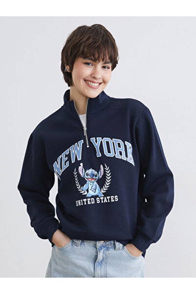 LC Waikiki Bluză de damă bleumarin guler ridicat Stitch cu imprimeu supradime...