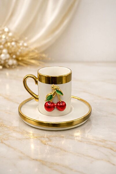 YzHome 2 Kişilik 4 Parça Gold Kaplama Yaldızlı Kiraz Kahve Fincan Takımı Seti 100ml