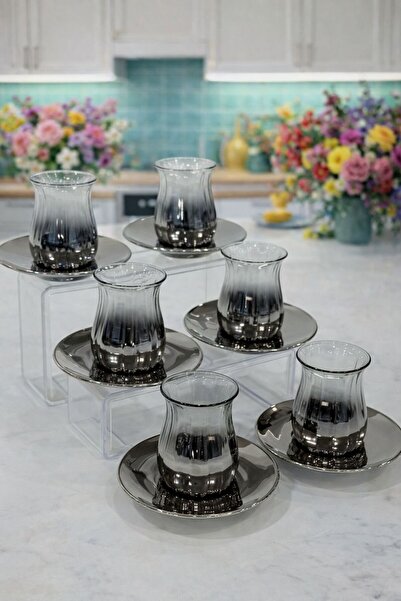 isra kristal Luxury 6-Piece Silver Glass Tea Set – Stylish Cup and Saucer Set...