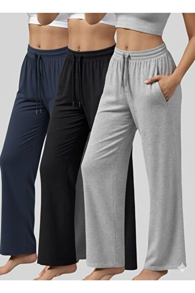 GERLAY ÜÇ ADET SİYAH+GRİ+LACİVERT BOL KALIP DÜZ PAÇA EŞOFMAN ALTI