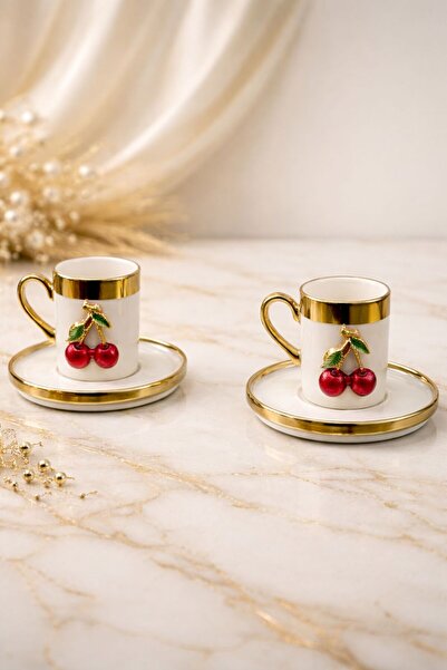 YzHome 2 Person 4 Piece Gold Plated Gilded Cherry Coffee Cup Set 100ml