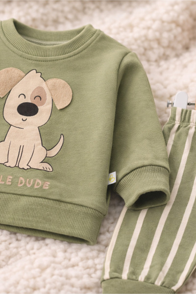 Bebişto Little Dude Printed Cotton Baby Set Green Striped Bottom Top 2-Piece Set