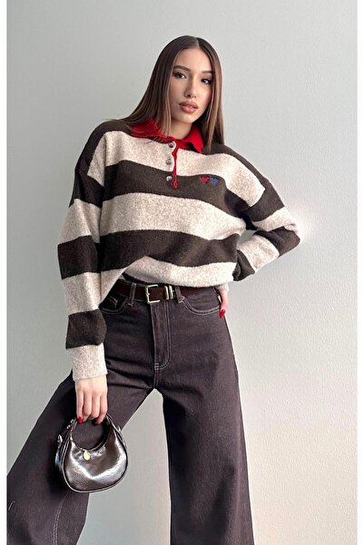 fujya Soft Textured Heart Detailed Polo Neck Jaisel Knitwear Sweater