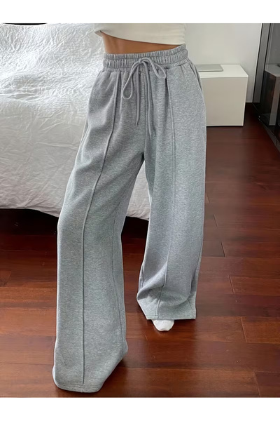 LOSMARY Kadın Gri önü çımalı rahat kalıp düz paça eşofman altı