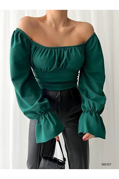 Modafeminen Stretchy Crepe Fabric Sleeves Flounce Strapless Neckline Crop Blo...