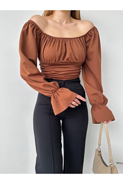 Modafeminen Stretchy Crepe Fabric Sleeves Flounce Strapless Neckline Crop Blo...