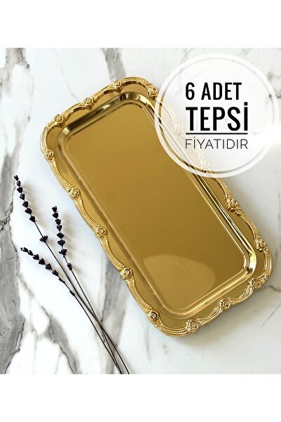 Melinda 6 Adet Fiore Dikdörtgen Tepsi Gold-Gold Paslanmaz Çelik Çay Kahve Ser...