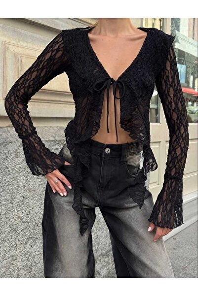 fatih eşarp Bluză neagră din țesătură din dantelă cu margele