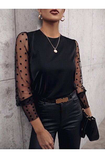 modaserdem Women's Long Sleeve Crew Neck Sleeves Polka Dot Tulle Detailed San...