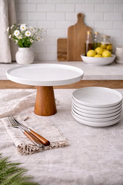 Evila Ahşap Ayaklı Porselen Sunumluk ve 6’lı Servis Tabağı Seti