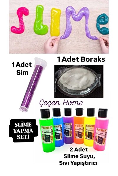 ÇEÇEN HOME Slime Yapım Seti 2 Adet Renkli Sıvı Yapıştırıcı Slime Suyu + 1 Ade...