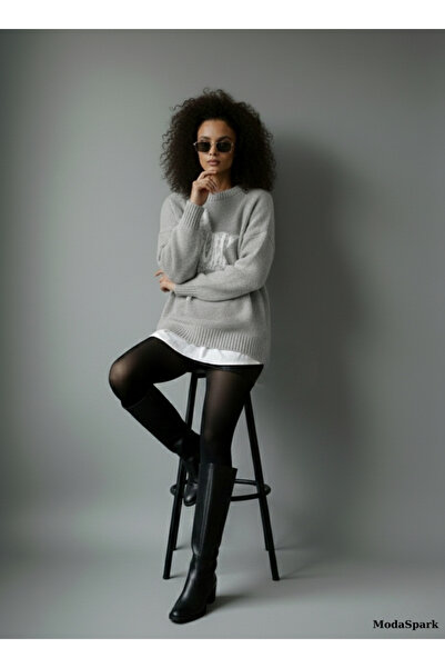 MODASPARK Gray Star Oversized Women's Knitwear Sweater