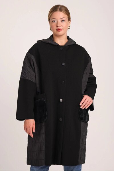 larocci Γυναικείο Μαύρο Καπιτονέ με κουκούλα Πλεκτό Χειμερινό Παλτό Πόντσο