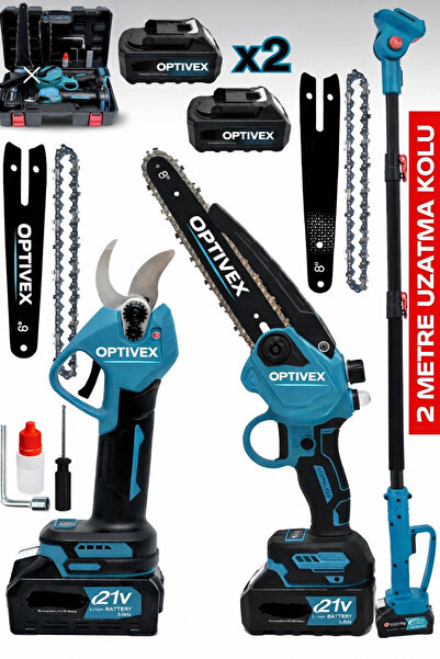 OPTIVEX Şarjlı Dal Budama Testere - Makas 3'lü Set Teleskobik Uzatma Kolu