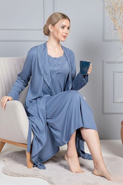 Lohusa Homewear Women's Indigo Lace Full Length Long Sleeve Pocket Detail Plu...