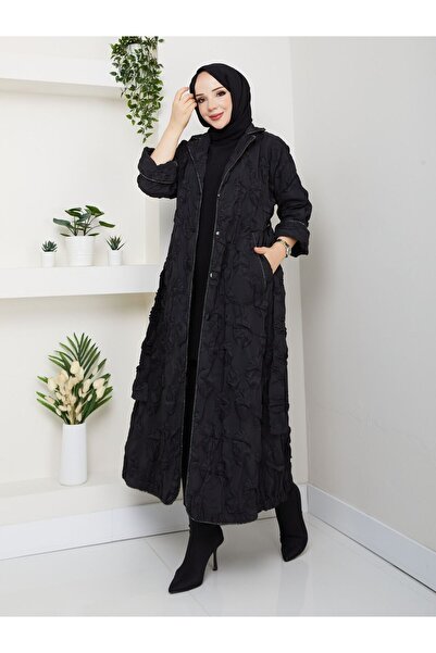 GÜLLCEBUTİK Kemerli Kapitone Uzun Siyah Tesettür Kaban – Düğmeli Şık Kışlık K...