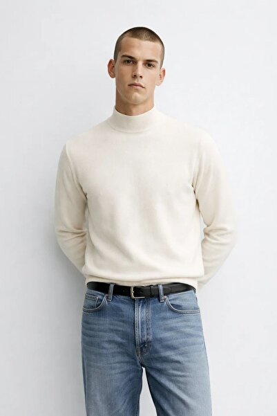 MATERIAL Men's Loose Half-High Neck Cream Loose Knit Sweater